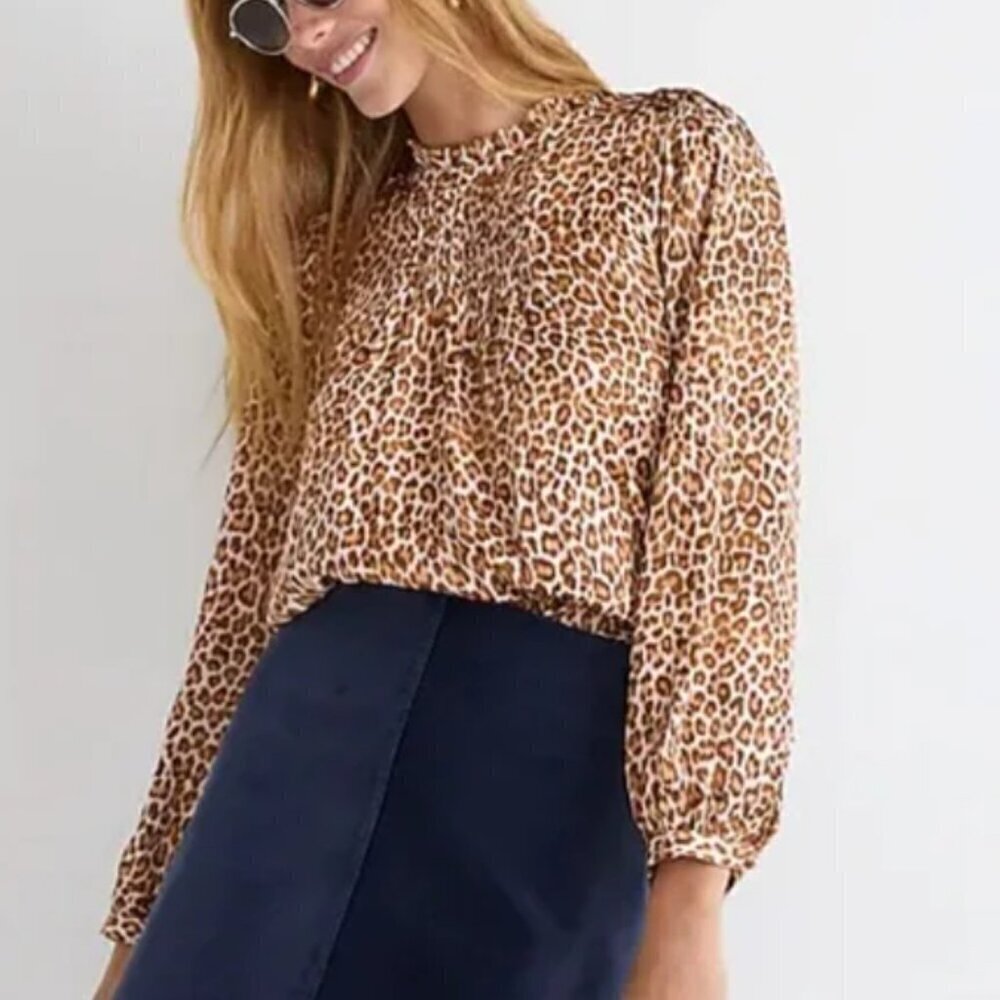 J Crew Leopard Top Womens Large Long Sleeve Ruffle Neck Relaxed Brown Blouse - Picture 2 of 7